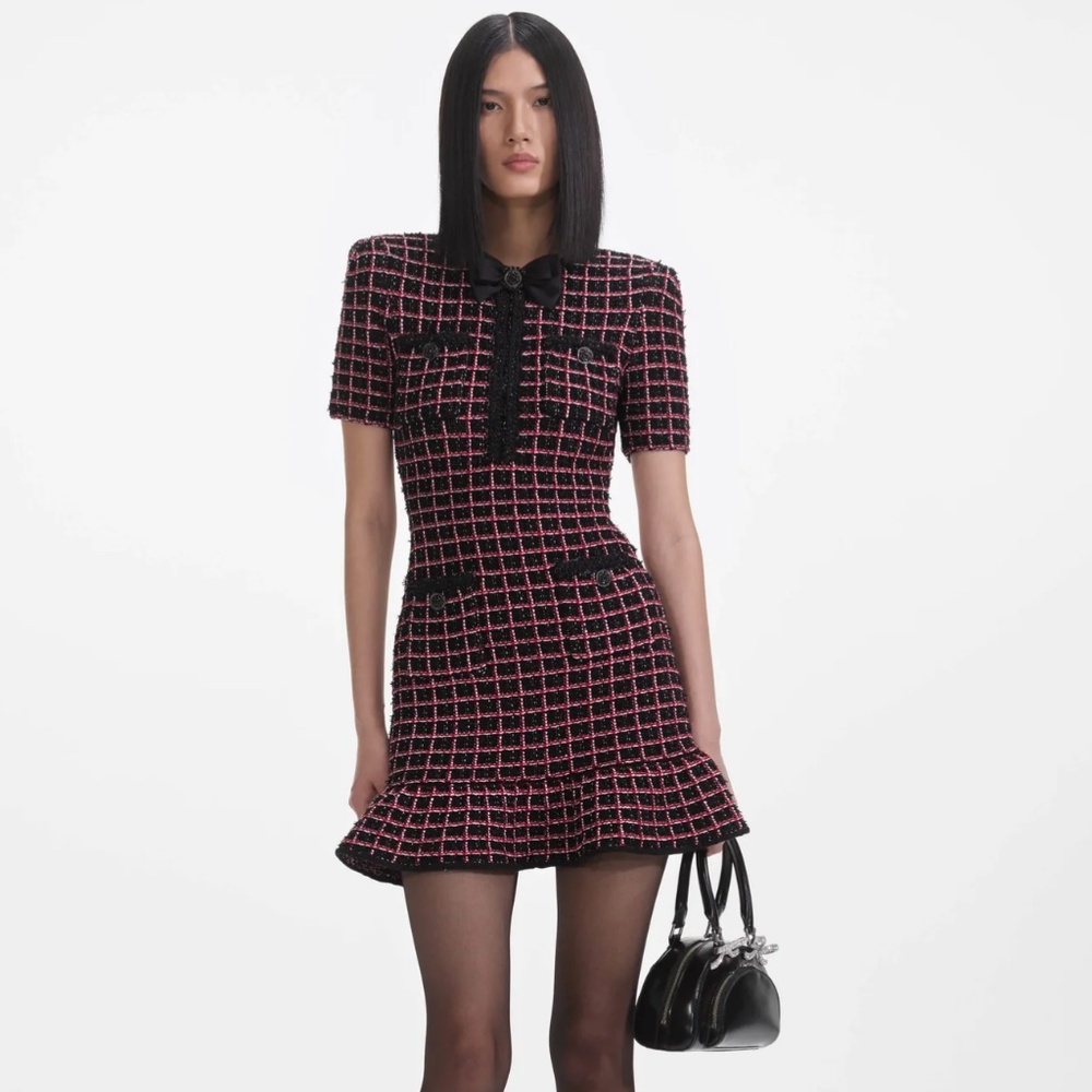 self-portrait Black and Red Check Knit Mini Dress - Size: XS - MSRP $595 - NWT